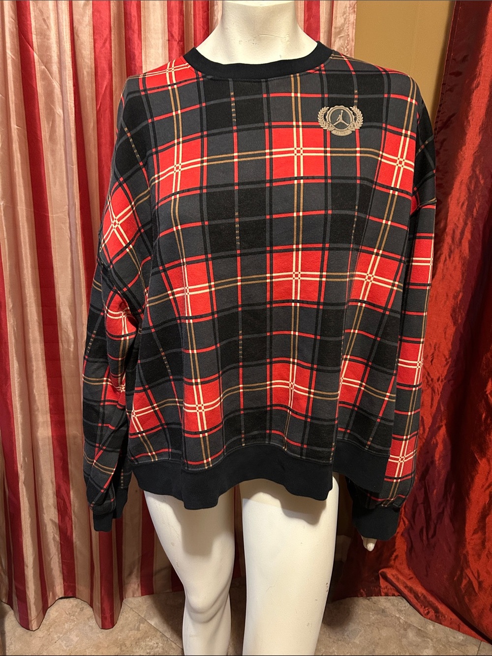 Jordan Red and Black Plaid Crewneck Sweater with Gold Crest